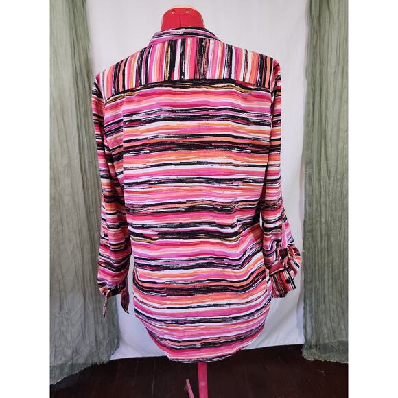 Notations Pink Striped Roll Tab Sleeves Button Up Blouse Size L - Picture 3 of 5